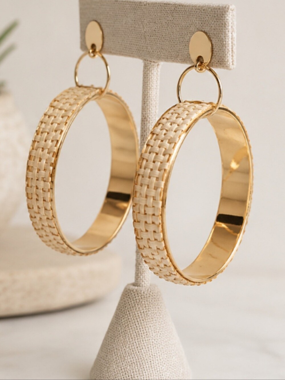 The Sak Raffia Wrapped Gold Tone Hoop Drop Earrings NWT Boho Coastal